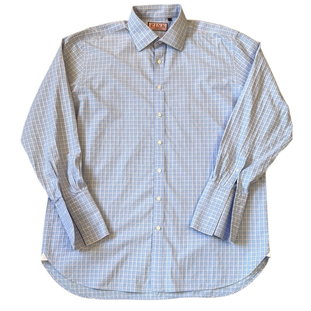 Thomas Pink Classic Shirt Blue/Pink Textured Windowpane French Cuffs 17.5/35.5